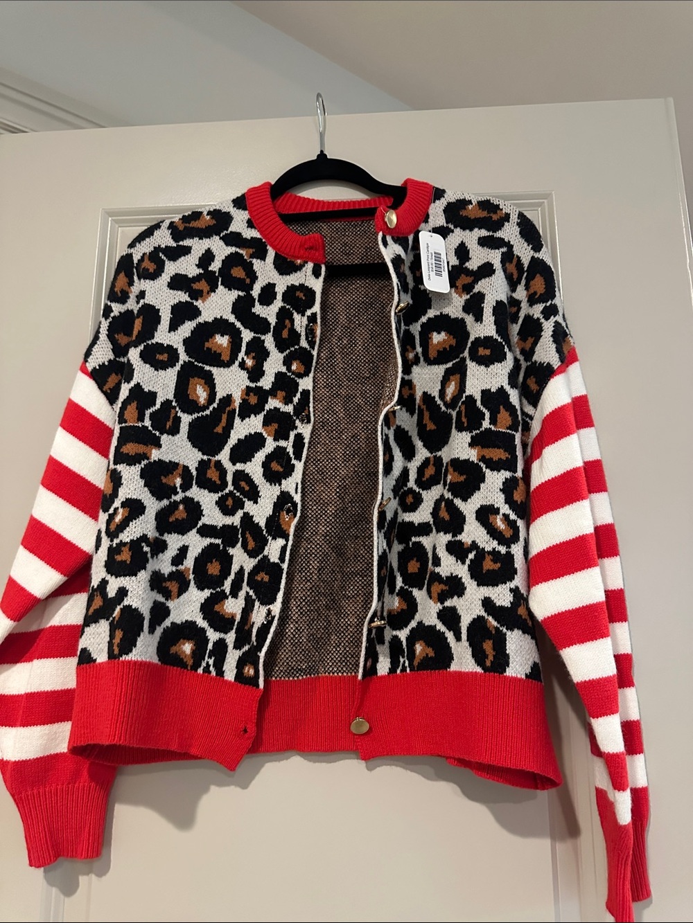 Boutique bought Red Leopard Print Cardigan with Striped Sleeves